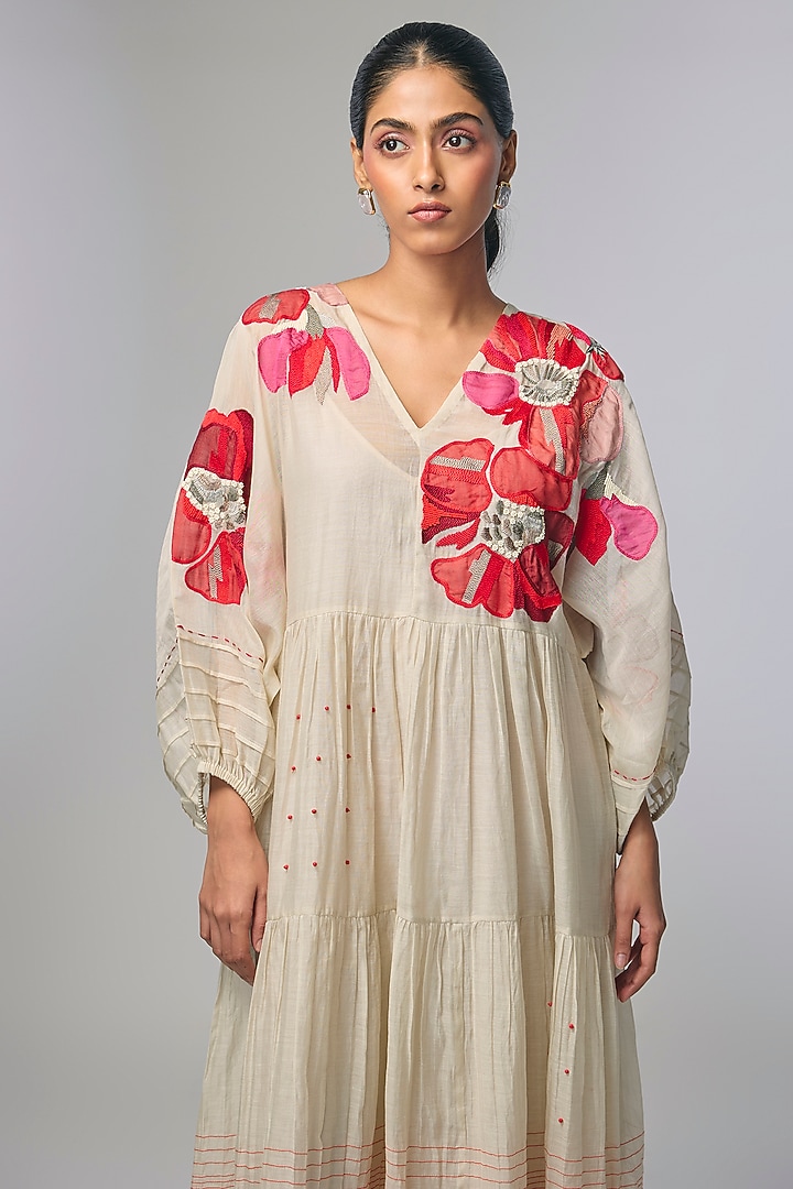 Ivory Fine Chanderi Applique Hand Embroidered Vacation Dress by Half Full Curve at Pernia's Pop Up Shop