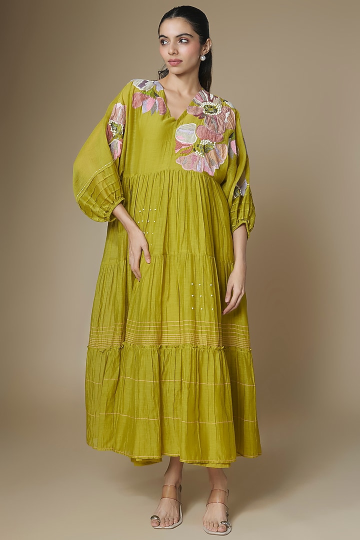 Green Fine Chanderi Gathered Vacation Dress by Half Full Curve at Pernia's Pop Up Shop
