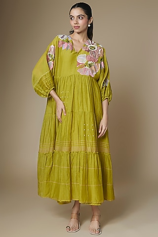 Green Fine Chanderi Gathered Dress by Half Full Curve