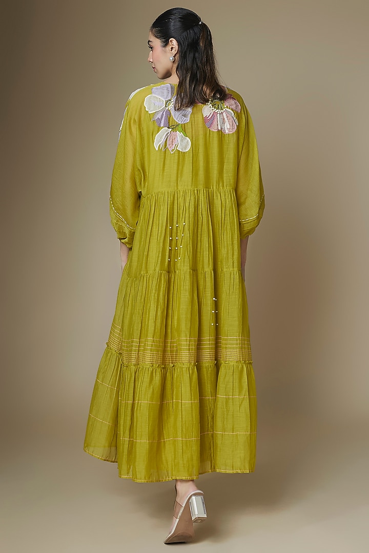 Green Fine Chanderi Gathered Vacation Dress by Half Full Curve at Pernia's Pop Up Shop