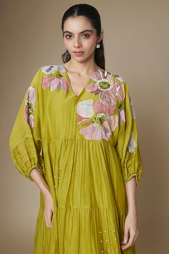 Green Fine Chanderi Gathered Vacation Dress by Half Full Curve at Pernia's Pop Up Shop