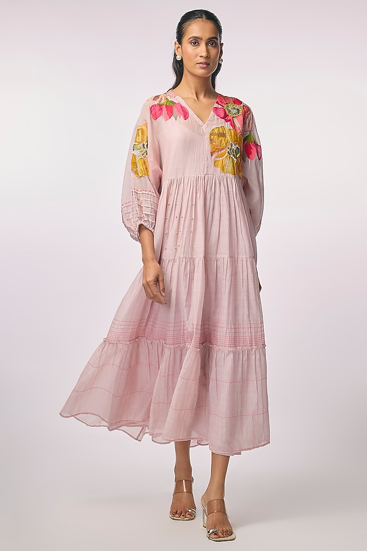 Pink Fine Chanderi Applique Hand Embroidered Vacation Dress by Half Full Curve at Pernia's Pop Up Shop