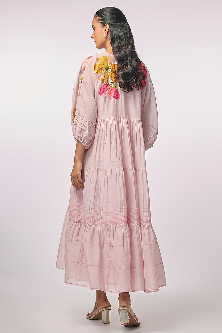Pink Fine Chanderi Applique Hand Embroidered Vacation Dress by Half Full Curve at Pernia's Pop Up Shop