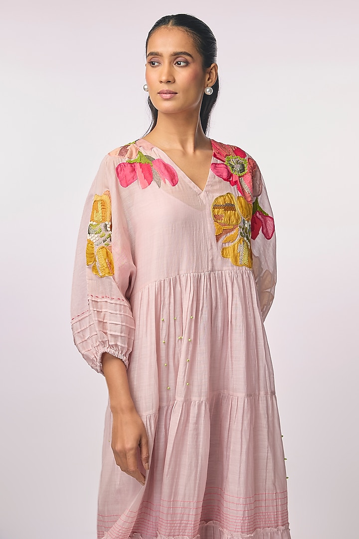 Pink Fine Chanderi Applique Hand Embroidered Vacation Dress by Half Full Curve at Pernia's Pop Up Shop