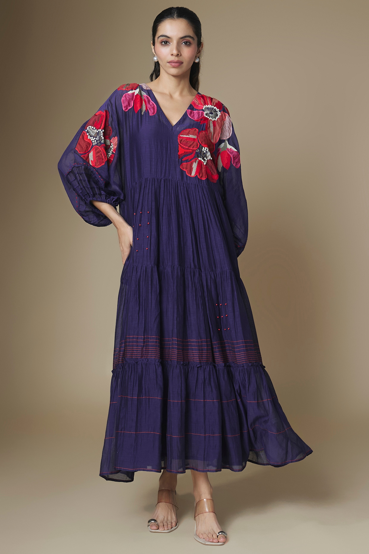 Half Full Curve Blue Fine Chanderi Gathered Dress