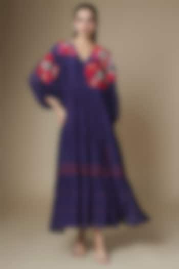 Blue Fine Chanderi Gathered Vacation Dress by Half Full Curve at Pernia's Pop Up Shop