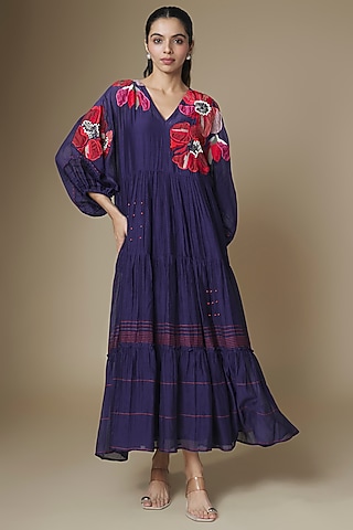 Blue Fine Chanderi Gathered Dress by Half Full Curve