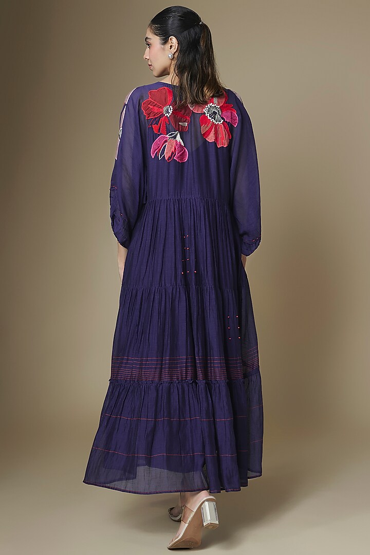 Blue Fine Chanderi Gathered Vacation Dress by Half Full Curve at Pernia's Pop Up Shop
