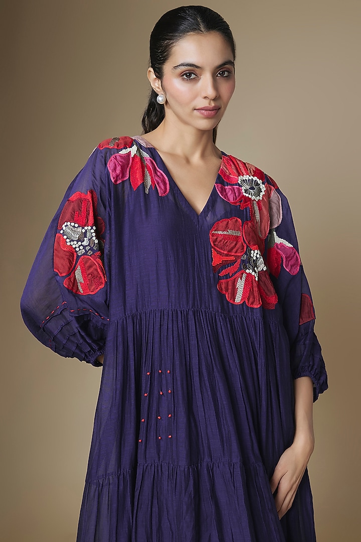 Blue Fine Chanderi Gathered Vacation Dress by Half Full Curve at Pernia's Pop Up Shop