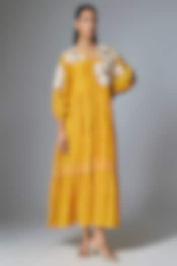 Yellow Pure Linen Applique Embroidered Vacation Dress by Half Full Curve at Pernia's Pop Up Shop