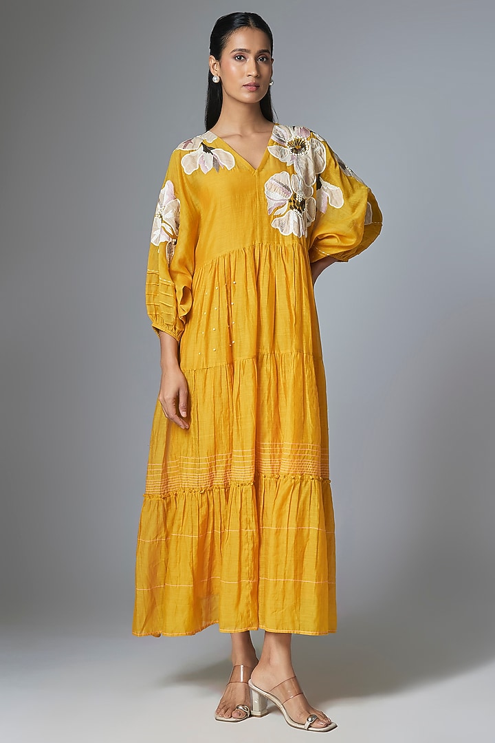 Yellow Pure Linen Applique Embroidered Vacation Dress by Half Full Curve at Pernia's Pop Up Shop