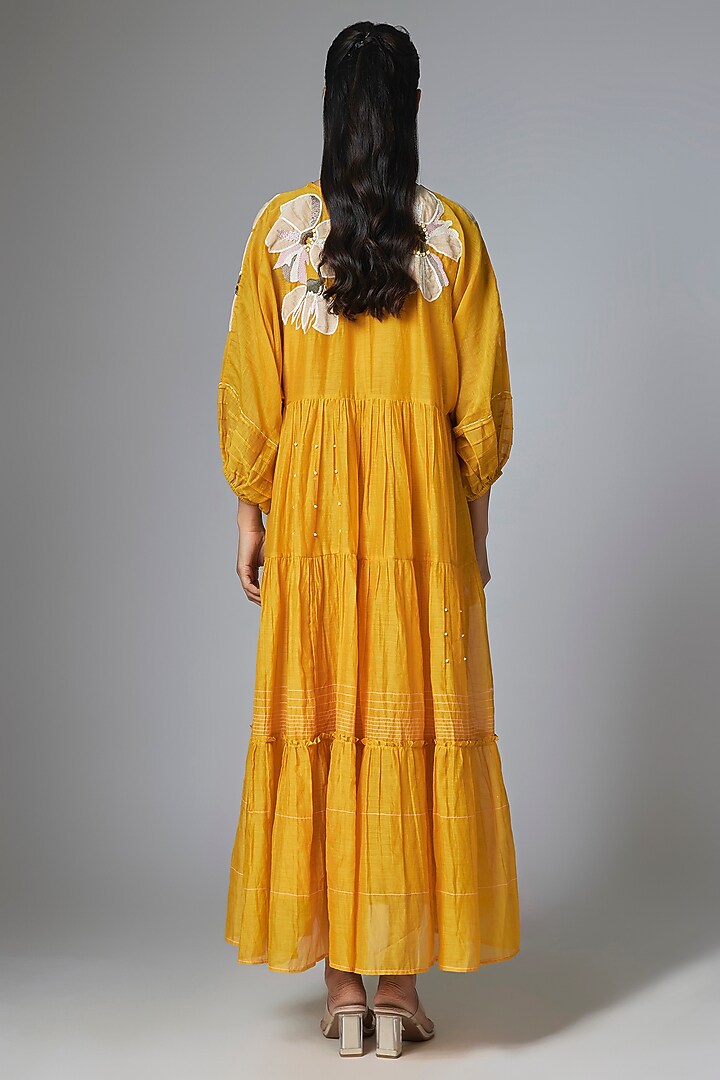 Yellow Pure Linen Applique Embroidered Vacation Dress by Half Full Curve at Pernia's Pop Up Shop