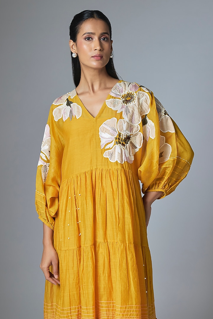 Yellow Pure Linen Applique Embroidered Vacation Dress by Half Full Curve at Pernia's Pop Up Shop