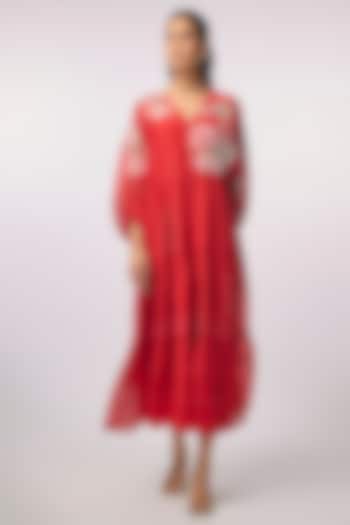 Red Fine Chanderi Applique Hand Embroidered Vacation Dress by Half Full Curve at Pernia's Pop Up Shop