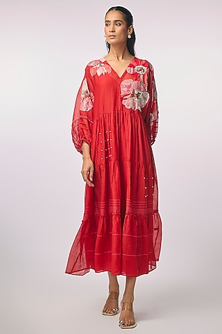 Red Fine Chanderi Applique Hand Embroidered Dress by Half Full Curve