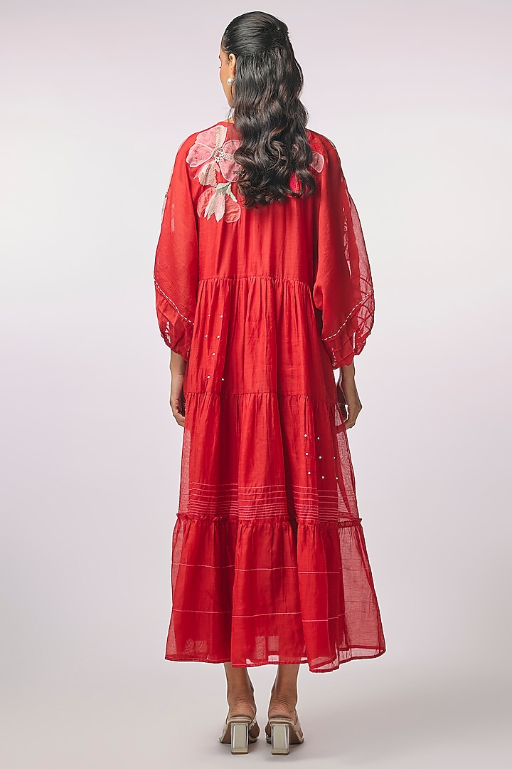 Red Fine Chanderi Applique Hand Embroidered Vacation Dress by Half Full Curve at Pernia's Pop Up Shop