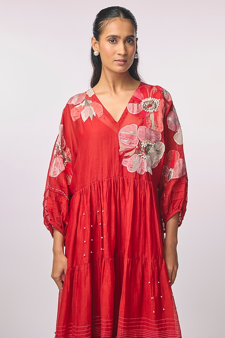 Red Fine Chanderi Applique Hand Embroidered Vacation Dress by Half Full Curve at Pernia's Pop Up Shop