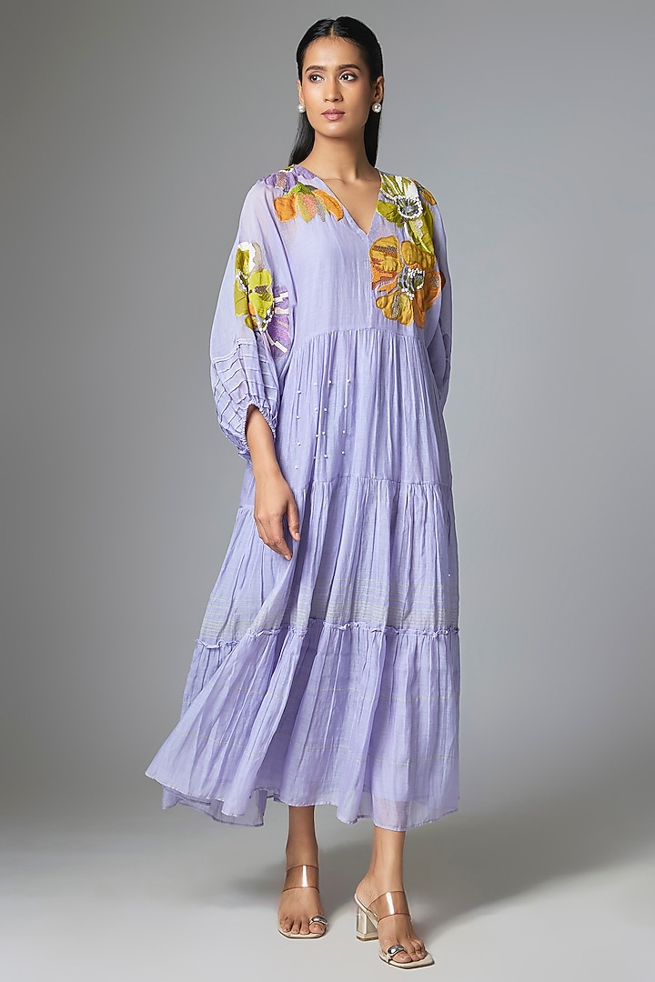 Lilac Pure Linen Applique Embroidered Vacation Dress by Half Full Curve at Pernia's Pop Up Shop