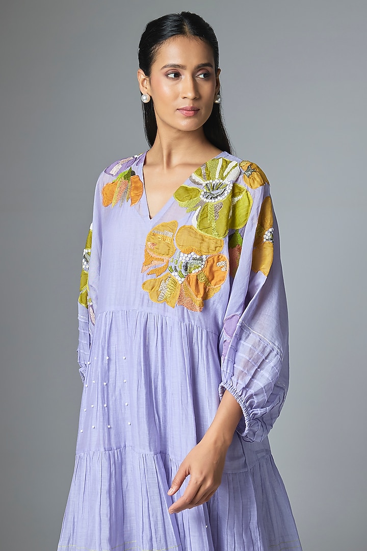 Lilac Pure Linen Applique Embroidered Vacation Dress by Half Full Curve at Pernia's Pop Up Shop