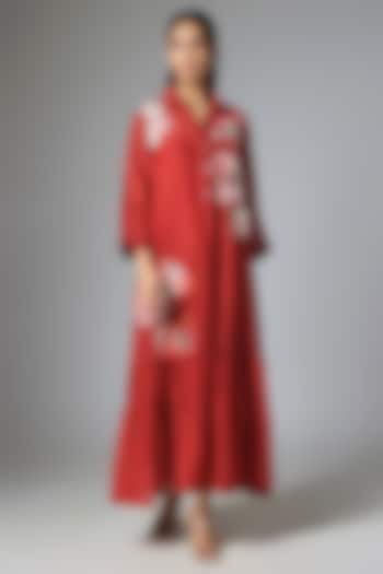 Red Fine Chanderi Applique Embroidered Flapper Vacation Dress by Half Full Curve at Pernia's Pop Up Shop