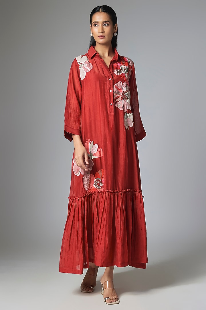 Red Fine Chanderi Applique Embroidered Flapper Vacation Dress by Half Full Curve at Pernia's Pop Up Shop