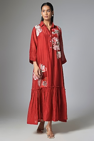 Red Fine Chanderi Applique Embroidered Flapper Dress by Half Full Curve