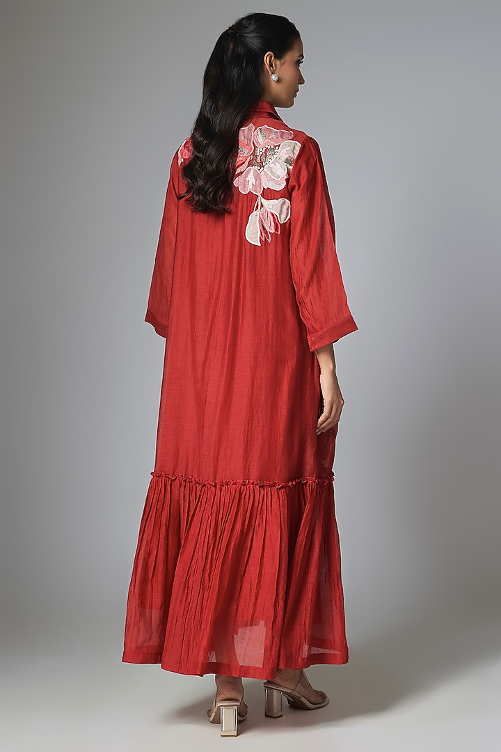 Red Fine Chanderi Applique Embroidered Flapper Vacation Dress by Half Full Curve at Pernia's Pop Up Shop