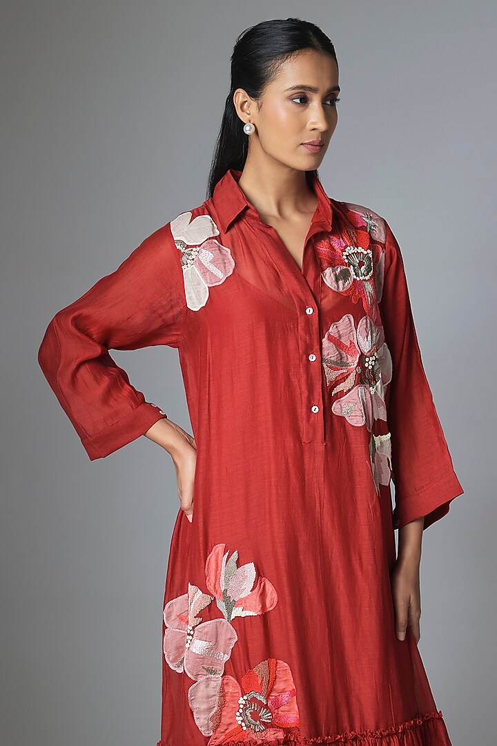 Red Fine Chanderi Applique Embroidered Flapper Vacation Dress by Half Full Curve at Pernia's Pop Up Shop