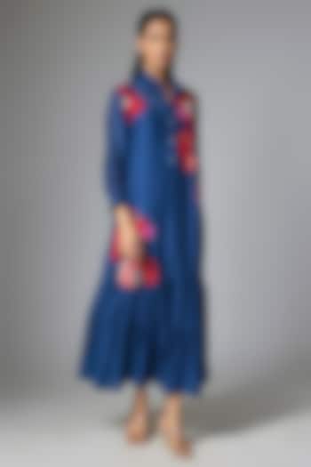 Royal Blue Fine Chanderi Applique Embroidered Flapper Vacation Dress by Half Full Curve at Pernia's Pop Up Shop
