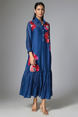 Royal Blue Fine Chanderi Applique Embroidered Flapper Dress by Half Full Curve