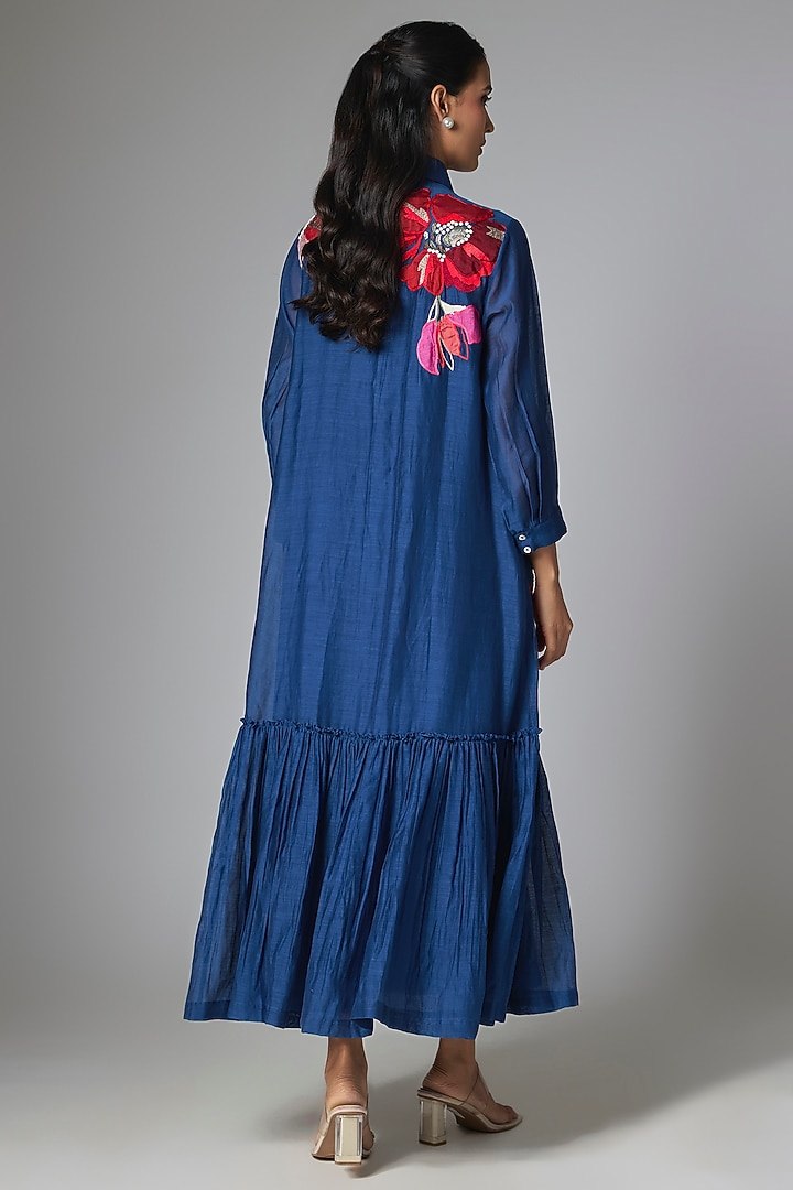 Royal Blue Fine Chanderi Applique Embroidered Flapper Vacation Dress by Half Full Curve at Pernia's Pop Up Shop