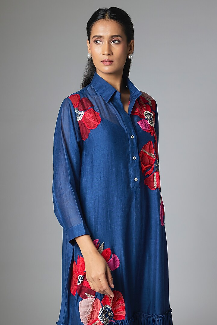 Royal Blue Fine Chanderi Applique Embroidered Flapper Vacation Dress by Half Full Curve at Pernia's Pop Up Shop