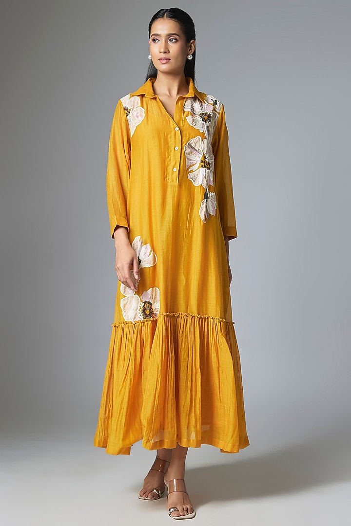 Yellow Fine Chanderi Applique Embroidered Flapper Vacation Dress by Half Full Curve at Pernia's Pop Up Shop
