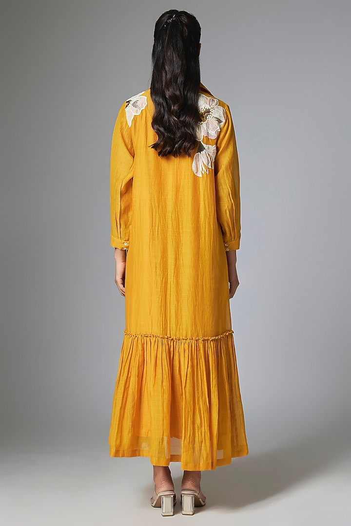 Yellow Fine Chanderi Applique Embroidered Flapper Vacation Dress by Half Full Curve at Pernia's Pop Up Shop