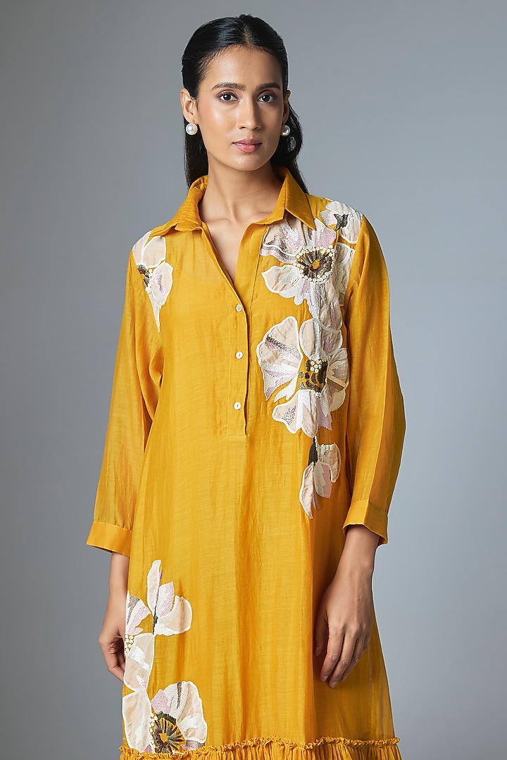 Yellow Fine Chanderi Applique Embroidered Flapper Vacation Dress by Half Full Curve at Pernia's Pop Up Shop