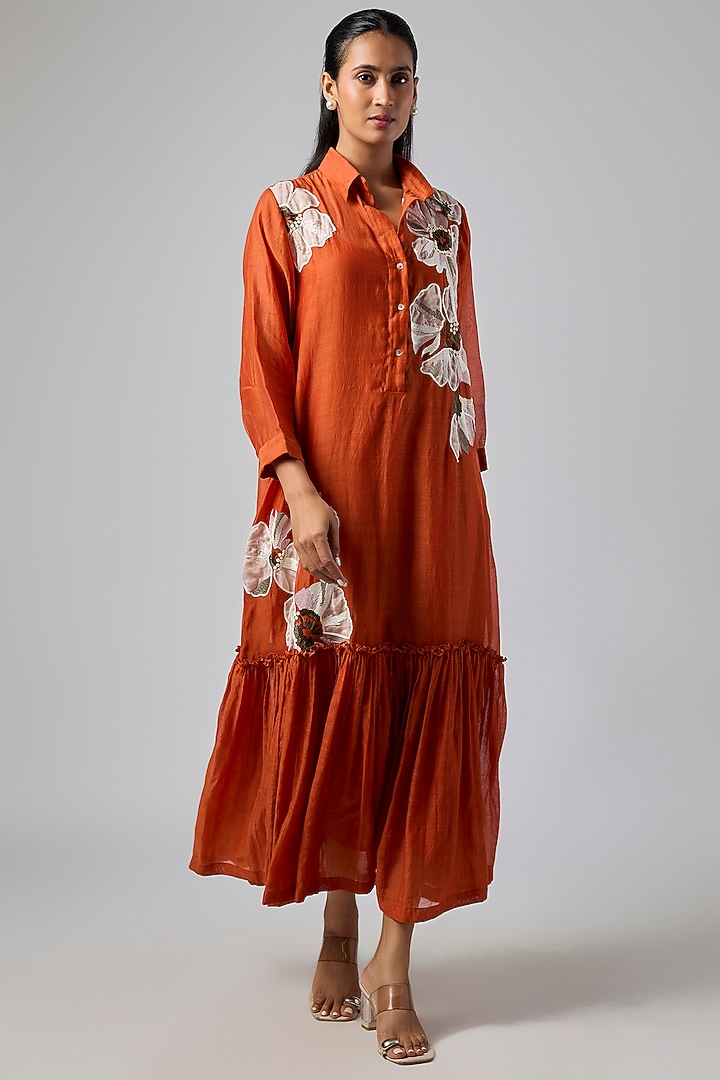 Orange Fine Chanderi Shirt Vacation Dress by Half Full Curve at Pernia's Pop Up Shop