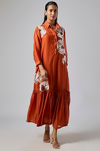 Orange Fine Chanderi Shirt Dress by Half Full Curve