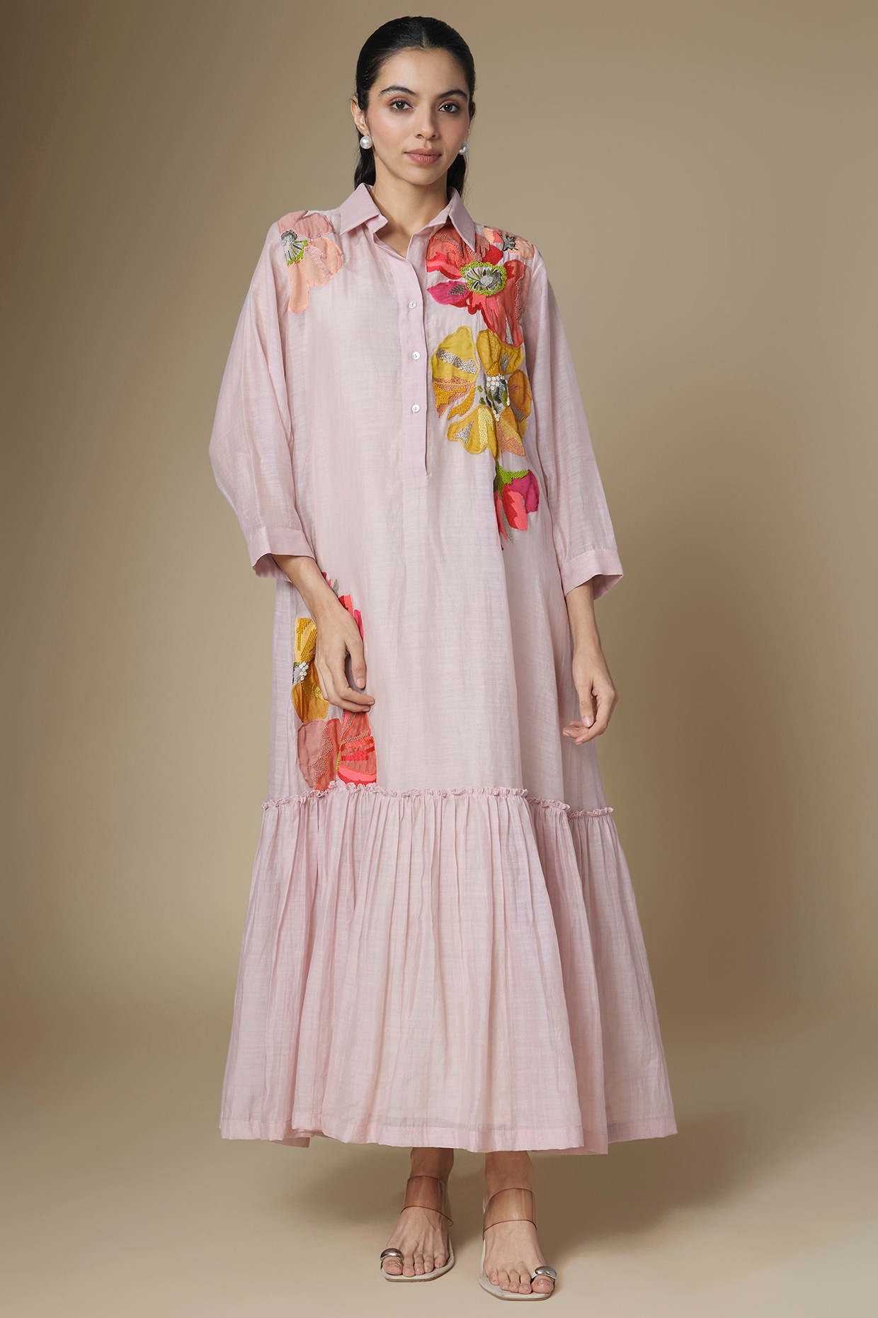 Half Full Curve Baby Pink Fine Chanderi Gathered Dress