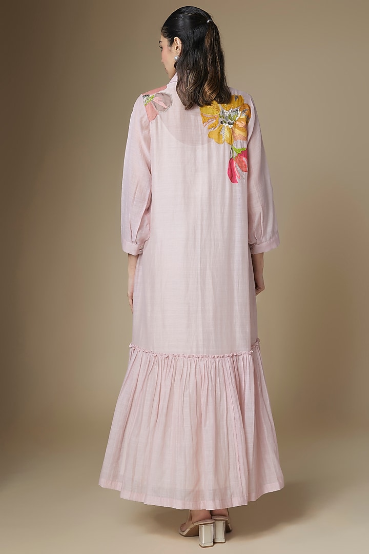 Baby Pink Fine Chanderi Gathered Vacation Dress by Half Full Curve at Pernia's Pop Up Shop