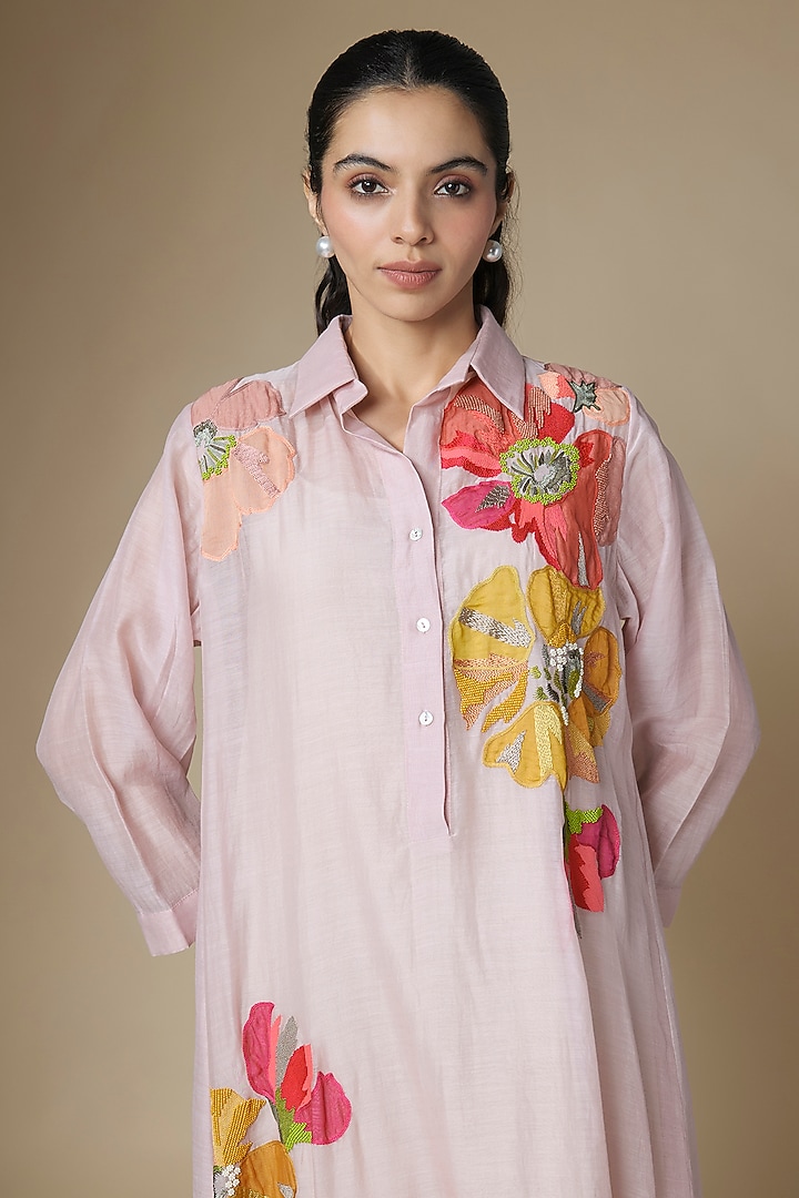 Baby Pink Fine Chanderi Gathered Vacation Dress by Half Full Curve at Pernia's Pop Up Shop