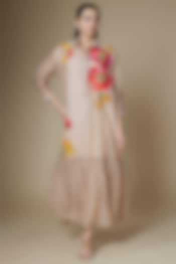 Dark Beige Fine Chanderi Gathered Vacation Dress by Half Full Curve at Pernia's Pop Up Shop