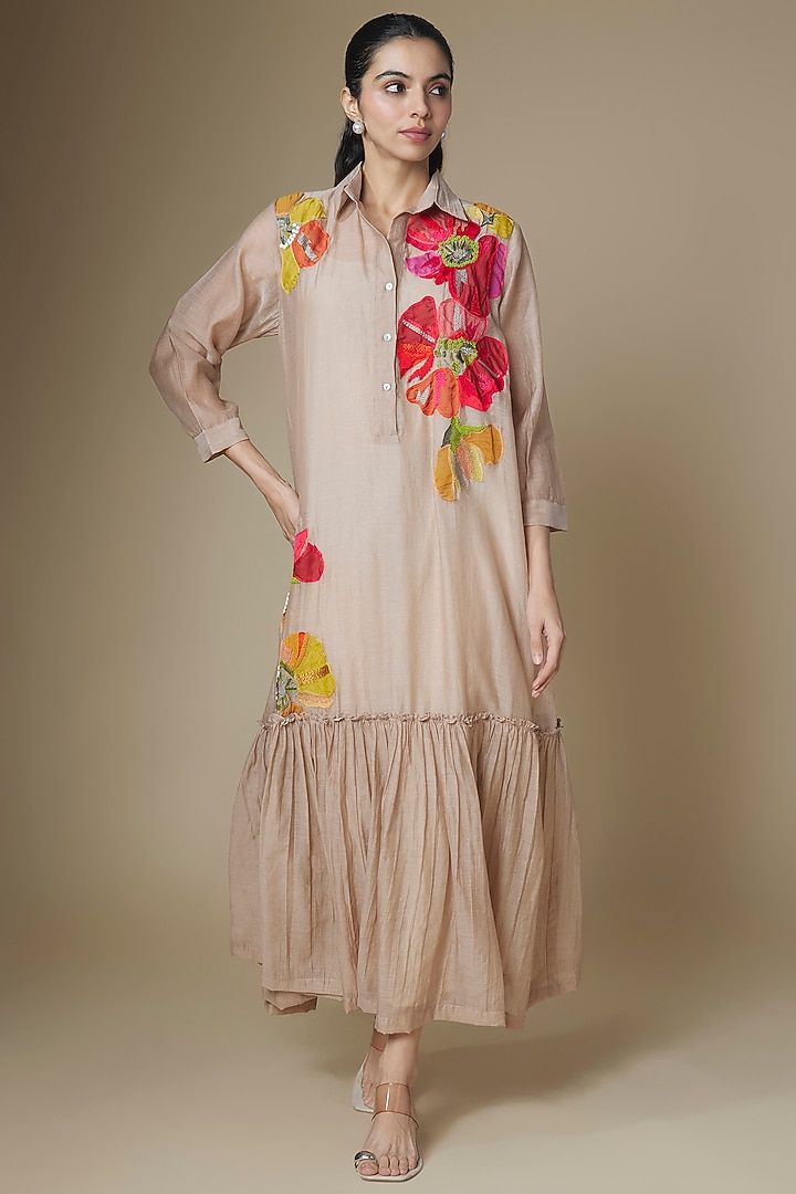 Dark Beige Fine Chanderi Gathered Vacation Dress by Half Full Curve at Pernia's Pop Up Shop