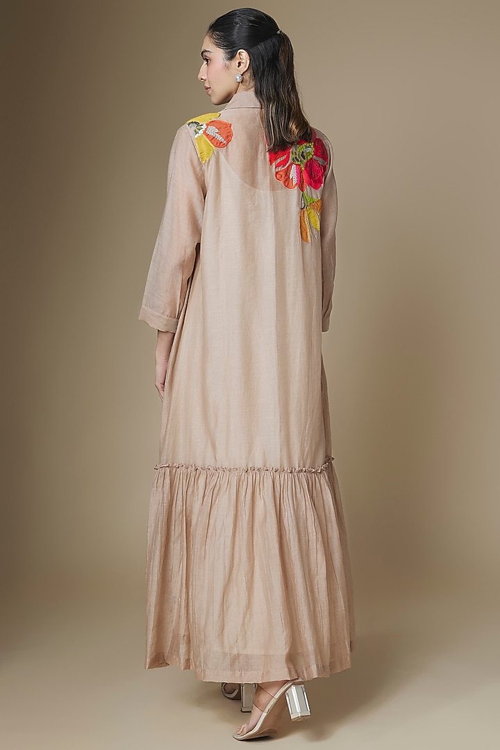 Dark Beige Fine Chanderi Gathered Vacation Dress by Half Full Curve at Pernia's Pop Up Shop