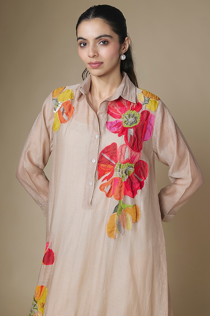 Dark Beige Fine Chanderi Gathered Vacation Dress by Half Full Curve at Pernia's Pop Up Shop