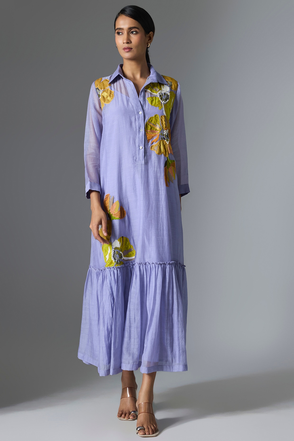 Half Full Curve Lilac Fine Chanderi Gathered Dress