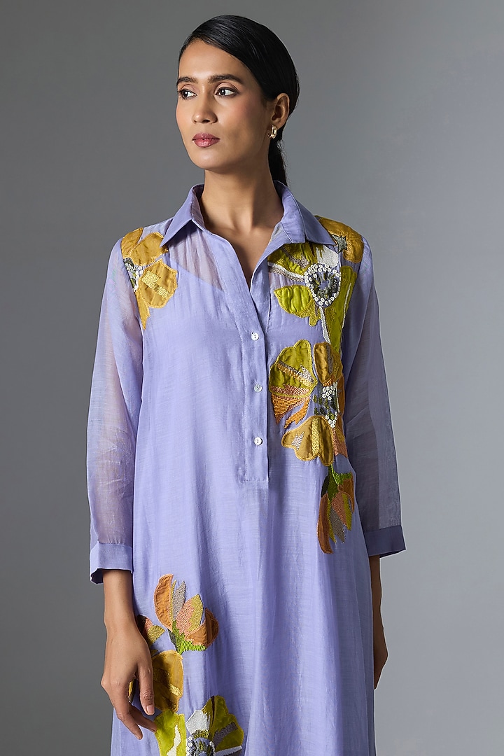 Lilac Fine Chanderi Gathered Vacation Dress by Half Full Curve at Pernia's Pop Up Shop