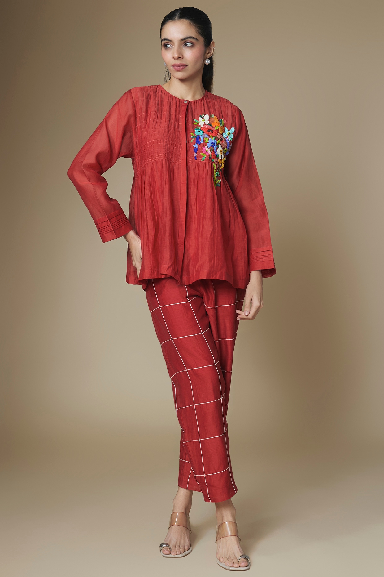 Half Full Curve Red Fine Chanderi Co-Ord Set