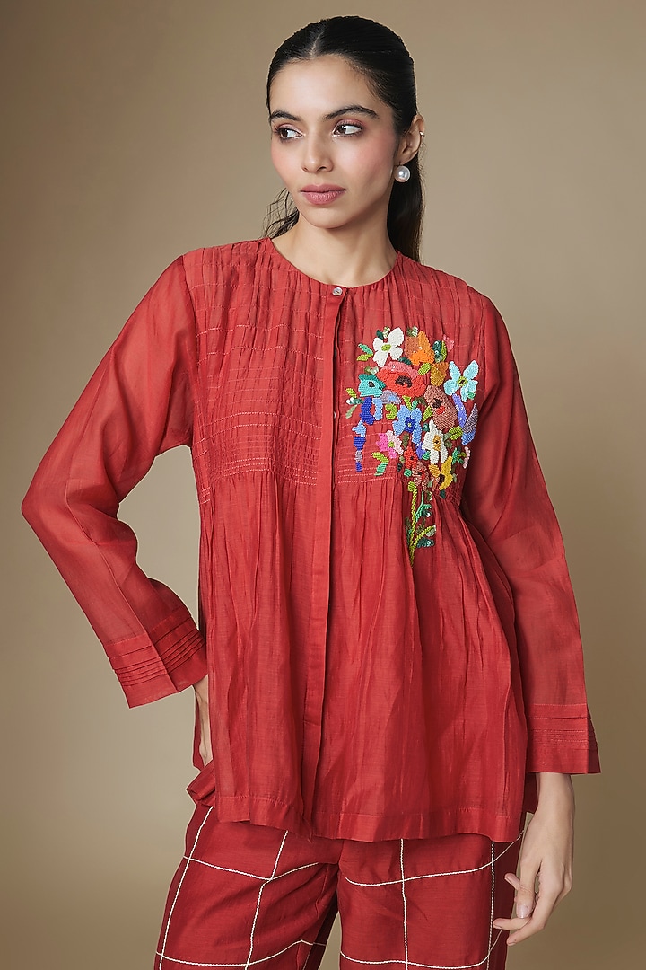 Red Fine Chanderi Co-Ord Set by Half Full Curve at Pernia's Pop Up Shop