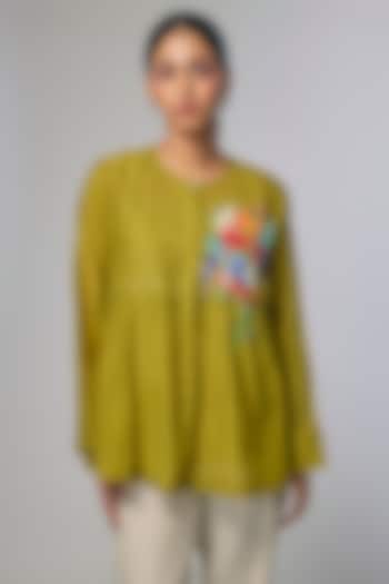 Green Fine Chanderi Hand Embroidered Gathered Shirt by Half Full Curve at Pernia's Pop Up Shop