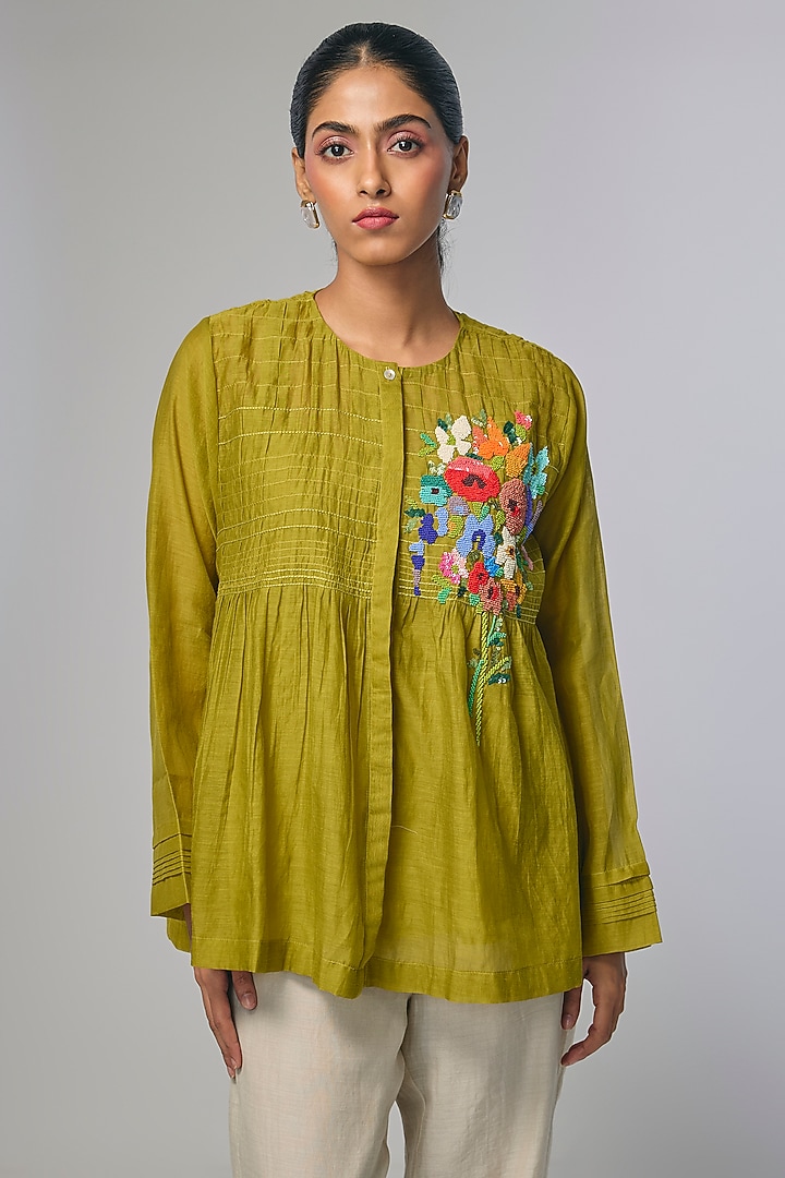 Green Fine Chanderi Hand Embroidered Gathered Shirt by Half Full Curve at Pernia's Pop Up Shop